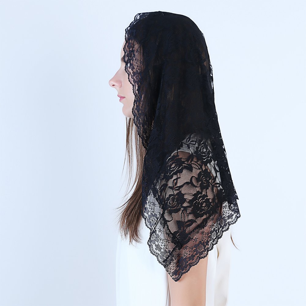 Lace Mantilla Catholic Veil Church Veil Chapel Veil Head Covering Latin Mass (Black)