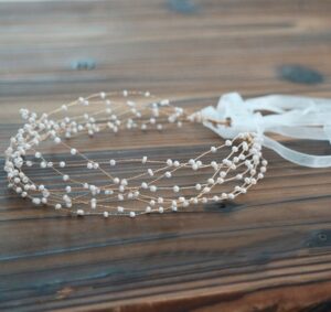 babeyond bridal headpiece wedding headband - pearl vintage wedding hair bands for brides with lace ribbon (white beads)