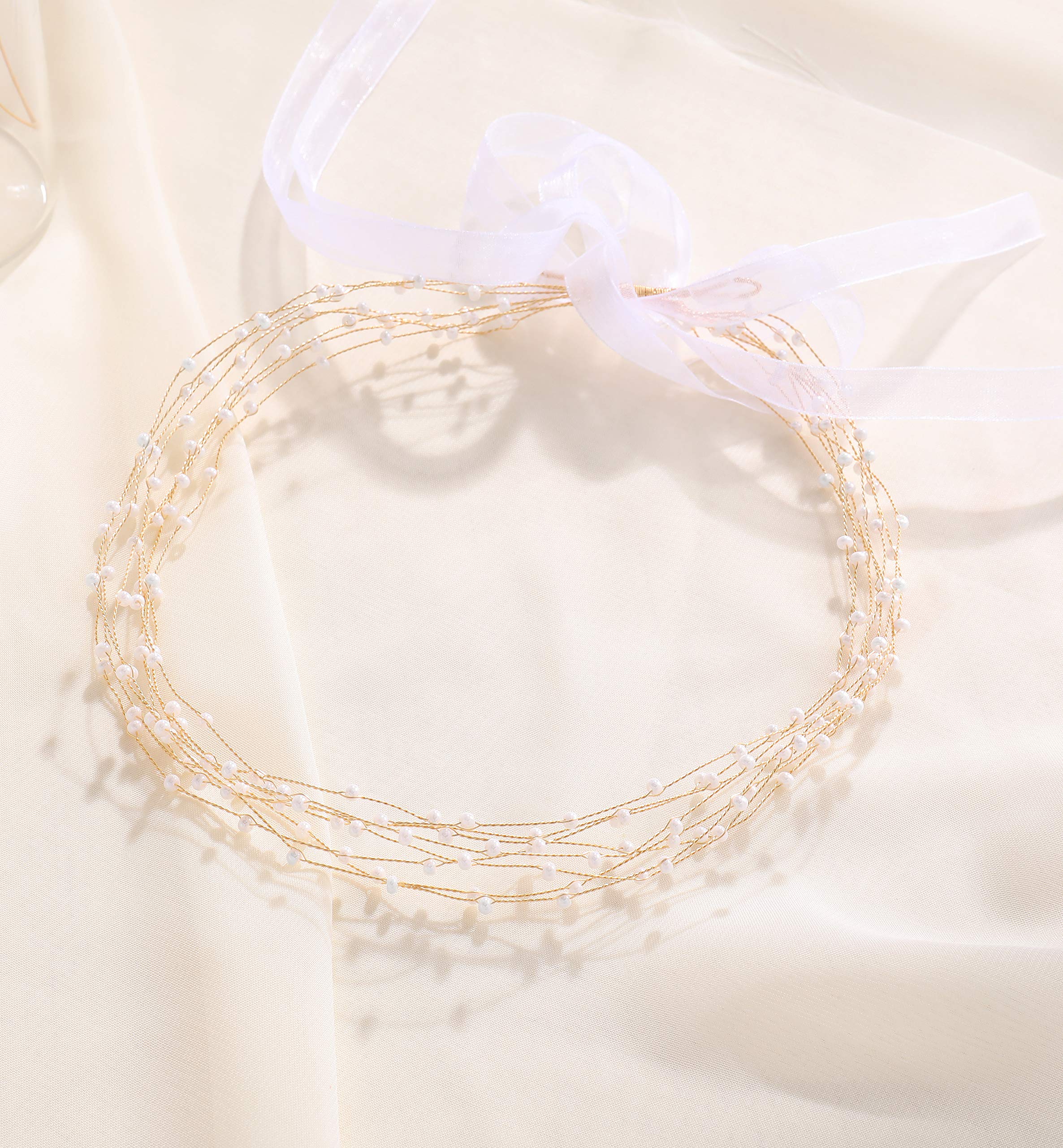 BABEYOND Bridal Headpiece Wedding Headband - Pearl Vintage Wedding Hair Bands for Brides with Lace Ribbon (White Beads)