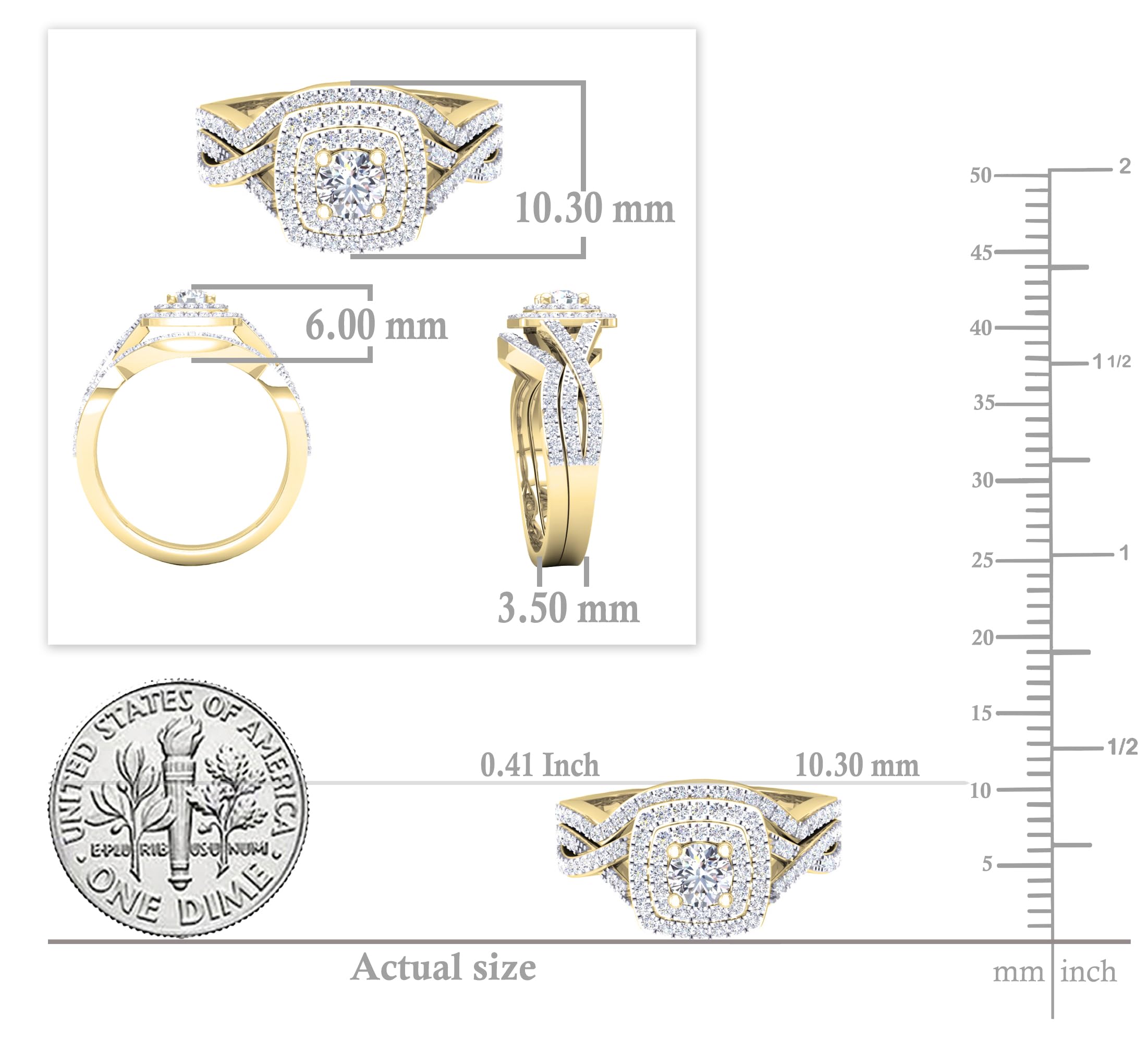 Dazzlingrock Collection 4mm Center Round Cubic Zirconia Halo Cushion Criss Cross Wedding Ring Set for Women (1.40 ctw, Color White, Clarity Clean) in 10K Yellow Gold, Size 10