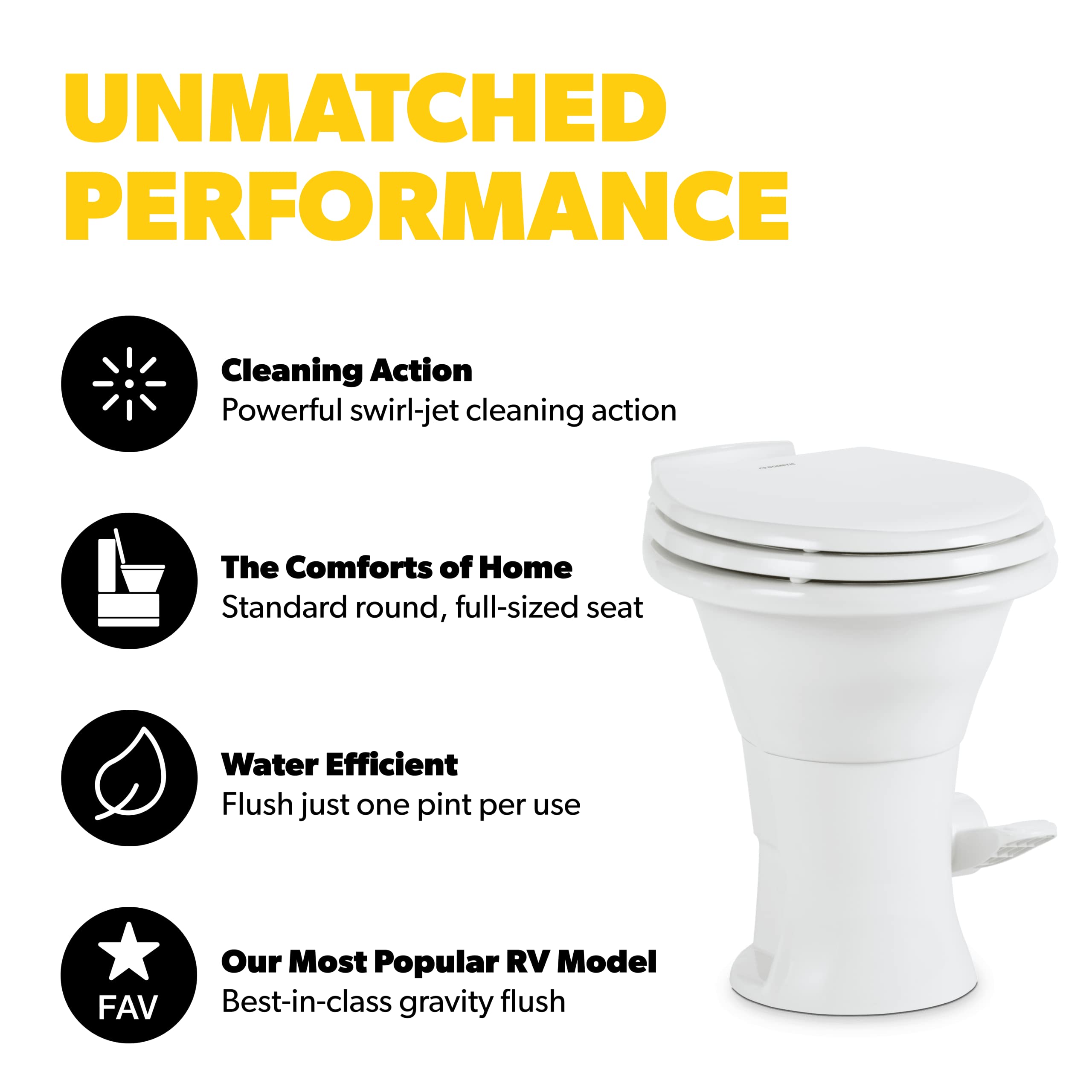 Dometic 310 Standard Toilet - Oblong Shape, Lightweight and Efficient Flush with Pressure-Enhanced PowerFlush and Slow Close Seat Cover - Perfect for Modern RVs