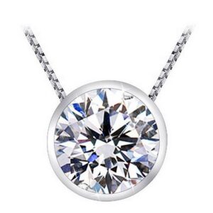 Solitaire Diamond Pendants 1 1/2 Carat Bezel Necklace 18K White Gold (K, I1, 1.5 ctw) w/ 16" 14K White Gold Chain