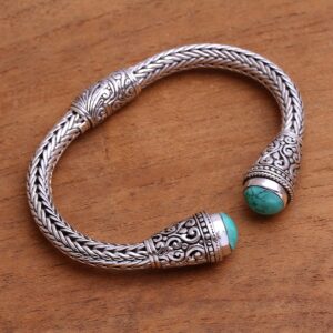 NOVICA Artisan Handmade Turquoise Cuff Bracelet Sterling Silver from Bali Natural Blue Tone Indonesia Birthstone Balinese Traditional [bracelet 6 in L (end to End) x 0.4 in W] ' Dragon Beauty'