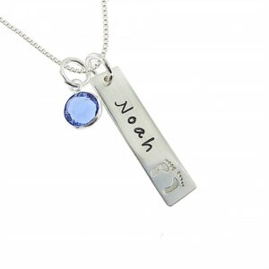 my tiny prints personalized sterling silver name necklace. customize with child's name, engraved with solid baby feet. add your choice of birthstone and sterling silver chain. gifts for her, new mom