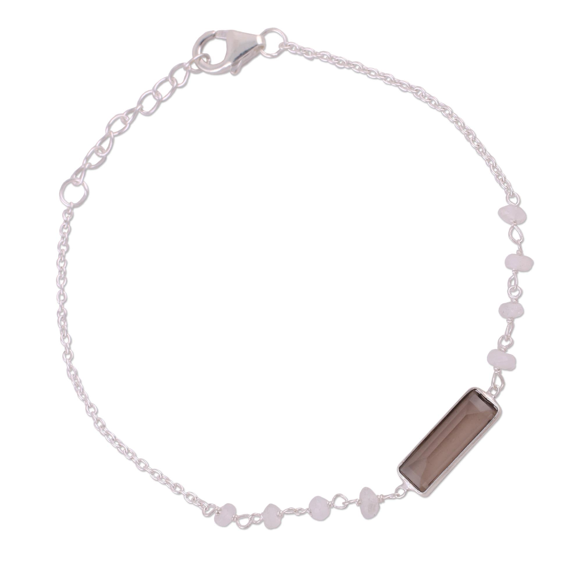 NOVICA Handmade Smoky Quartz Rainbow Moonstone Pendant Bracelet from India .925 Sterling Silver Brown Clear 'Magical Prism'