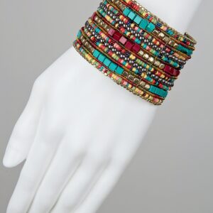 SPUNKYsoul Bohemian Multi-Colored Beaded Cuff Bracelets for Women Collection (Teal/Red/Cube)