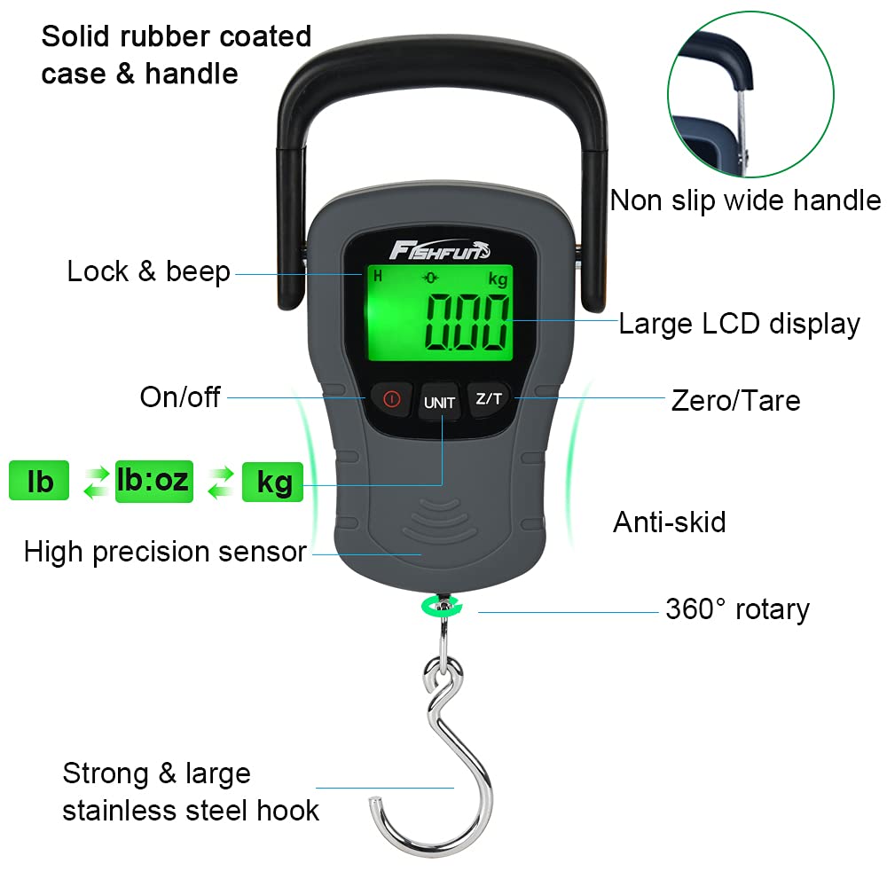 Fishfun Digital Fish Scale, Electronic Hanging Fish Weight Scale with Large Handle & Measuring Tape, 110lb/50kg Fishing Scale, 3 AAA Batteries Included, Fishing Gifts for Men