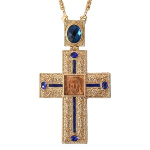 Nazareth Store Pectoral Cross Wooden Jesus Face Crucifix Pendant Icon Blue Crystallized Stones Elements Christian Priest Bishop Necklace 23"