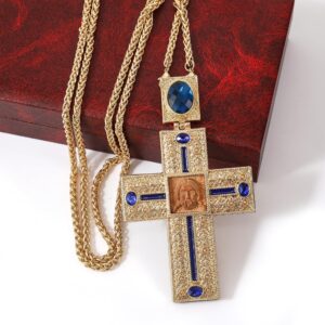 Nazareth Store Pectoral Cross Wooden Jesus Face Crucifix Pendant Icon Blue Crystallized Stones Elements Christian Priest Bishop Necklace 23"