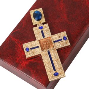 Nazareth Store Pectoral Cross Wooden Jesus Face Crucifix Pendant Icon Blue Crystallized Stones Elements Christian Priest Bishop Necklace 23"