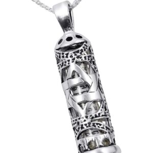 aJudaica Mezuzah Necklace Pendant in 925 Sterling Silver with Chain (Mezuzah with Star of David)