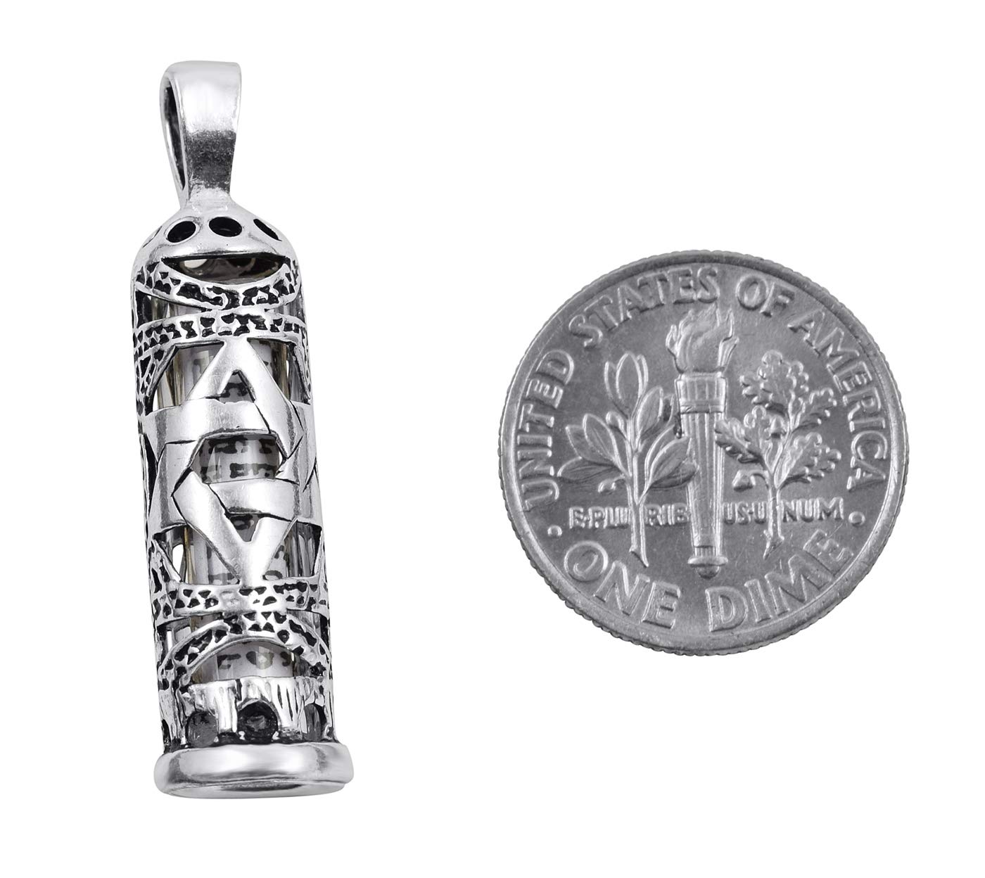 aJudaica Mezuzah Necklace Pendant in 925 Sterling Silver with Chain (Mezuzah with Star of David)