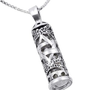 aJudaica Mezuzah Necklace Pendant in 925 Sterling Silver with Chain (Mezuzah with Star of David)