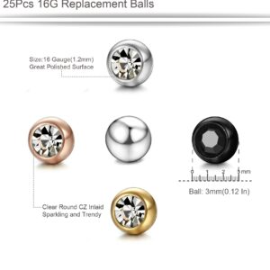 ORAZIO 25Pcs 16G Stainless Steel Replacement Balls Piercing Jewelry Balls for Women Men 3mm