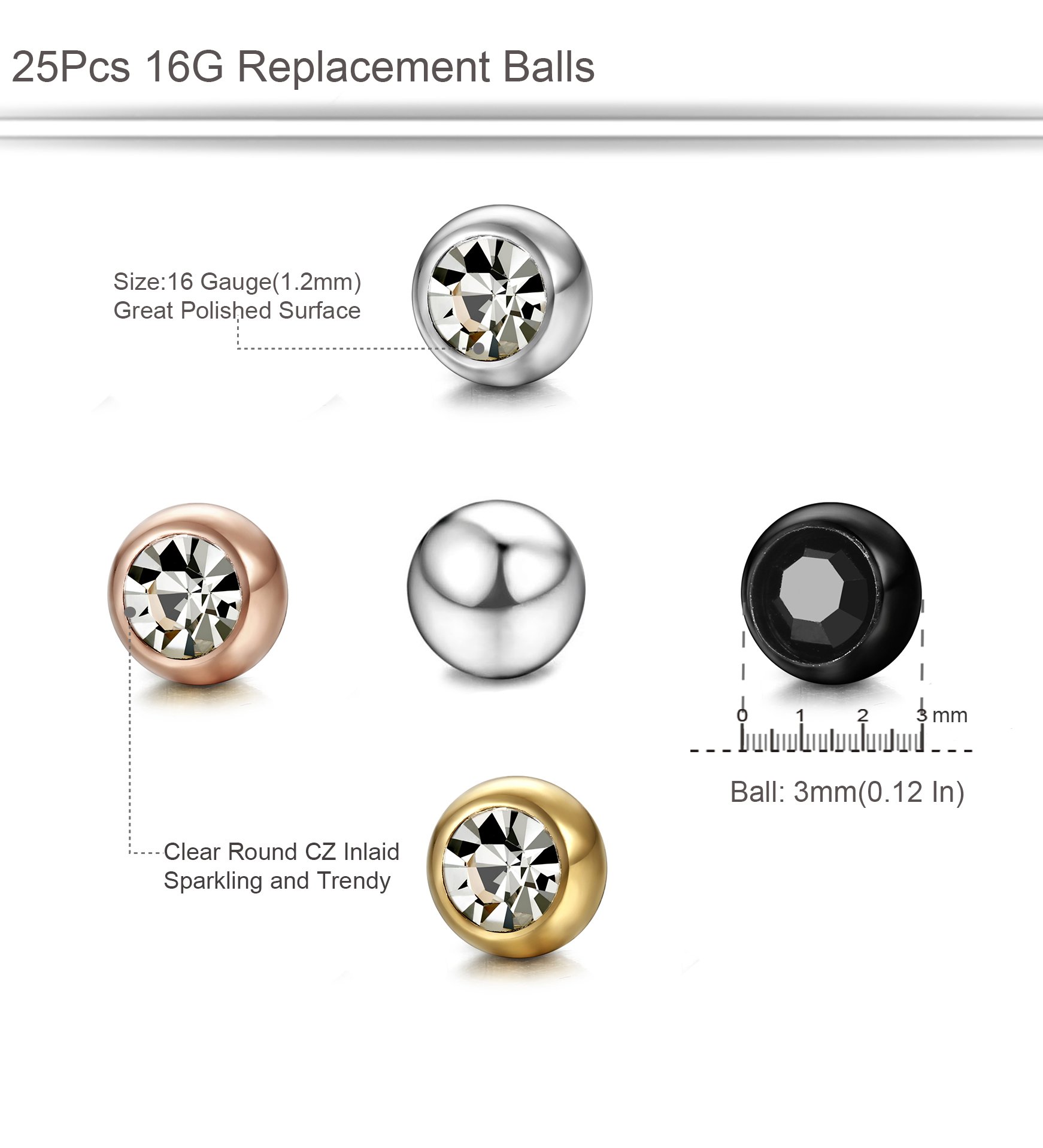 ORAZIO 25Pcs 16G Stainless Steel Replacement Balls Piercing Jewelry Balls for Women Men 3mm