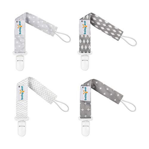 Babygoal Neutral Pacifier Clips, 4 Pack Binky Paci Holder and Leash for Boys and Girls Fits for Most Pacifier, Binkie Styles & Baby Teethers & Toys and Gift 4PS07-B