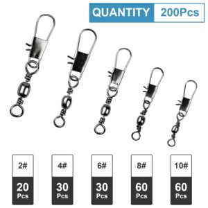 ReeMoo 200PCS Fishing Rolling Ball Bearing Barrel Swivel with Safety Snap Connector Fishing Accessories #2#4#6#8#10