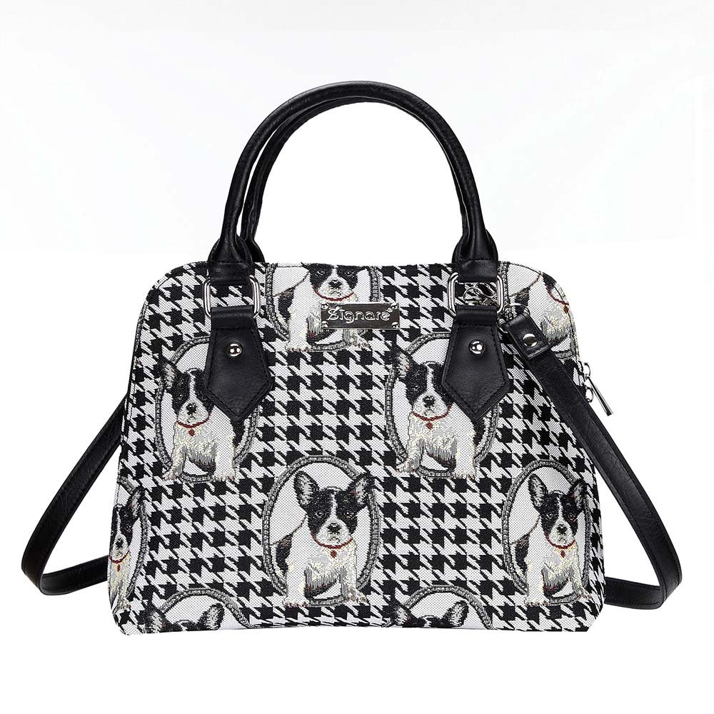 Signare Tapestry Hand Shoulder Bag Cross Body Purses Handbag Satchel Bag for Women In Black And White French Bulldog Design (CONV-FREN)