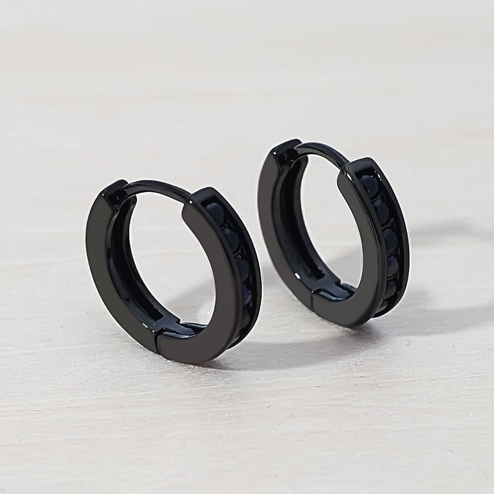 Tarsus 12mm Unisex Black Round CZ Hoop Earrings Huggie Ear Piercings