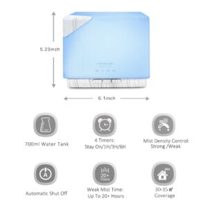 ASAKUKI 700ml Premium Essential Oil Diffuser, 5 in 1 Ultrasonic Aromatherapy Fragrant Oil Vaporizer Humidifier, Timer and Auto-Off Safety Switch, 7 LED Light Colors