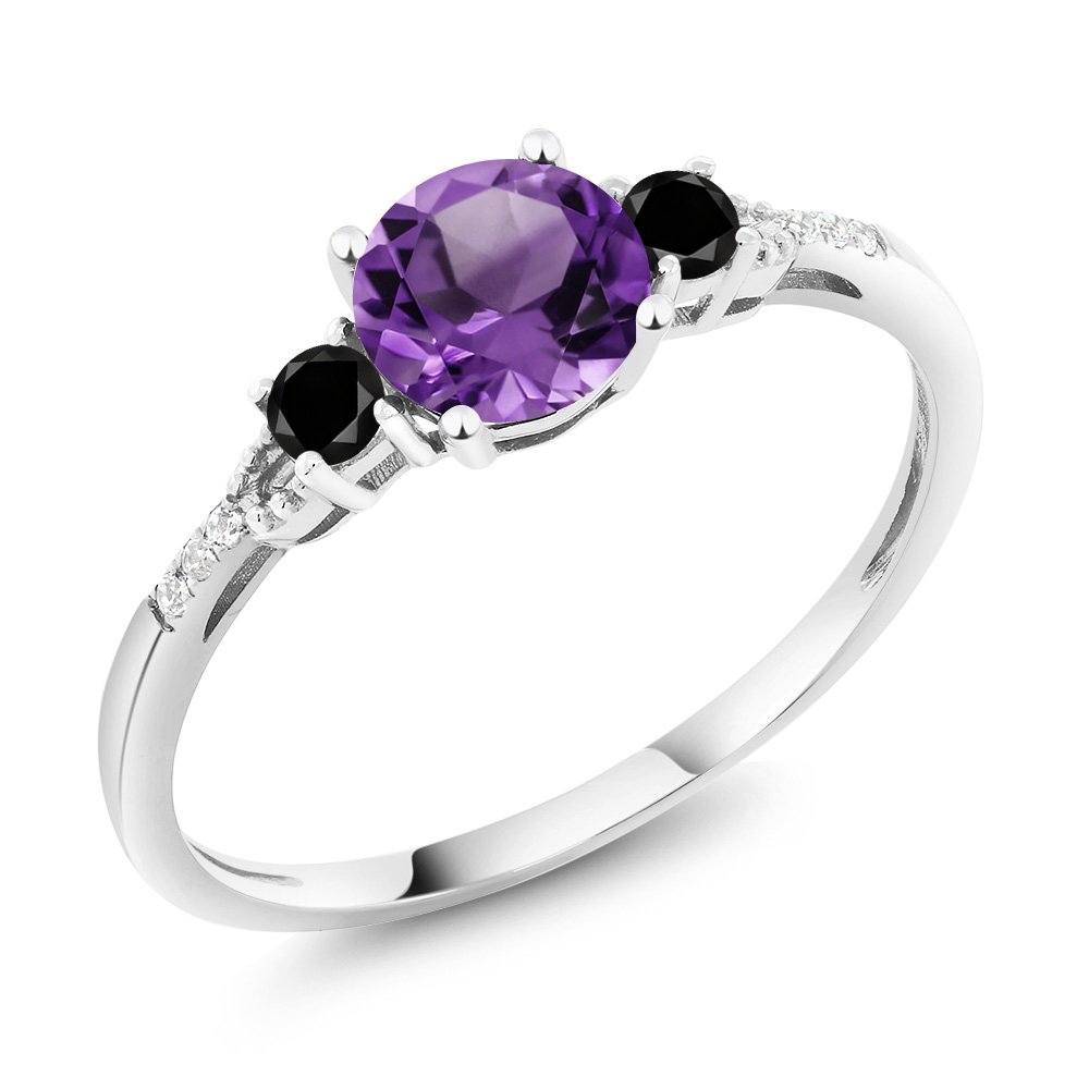 Gem Stone King 10K White Gold Purple Amethyst Black Diamond and White Diamond Accent 3-Stone Engagement Ring For Women (0.88 Cttw, Round 6MM, Gemstone February Birthstone, Size 7)