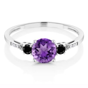 Gem Stone King 10K White Gold Purple Amethyst Black Diamond and White Diamond Accent 3-Stone Engagement Ring For Women (0.88 Cttw, Round 6MM, Gemstone February Birthstone, Size 7)