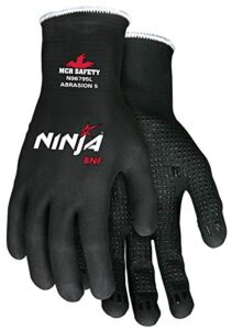 mcr safety n96795l ninja bnf nitrile gloves, ansi puncture 2, abrasion 5, 15 gauge nylon/spandex shell with full bnf coating and nitrile grip dots, 1-pair, large