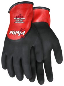 mcr safety ninja bnf n96785s nitrile work gloves, 18 gauge nylon/spandex shell fully coated with flat red nitrile, coated over the knuckles and palm with breathable nitrile foam with nft, small