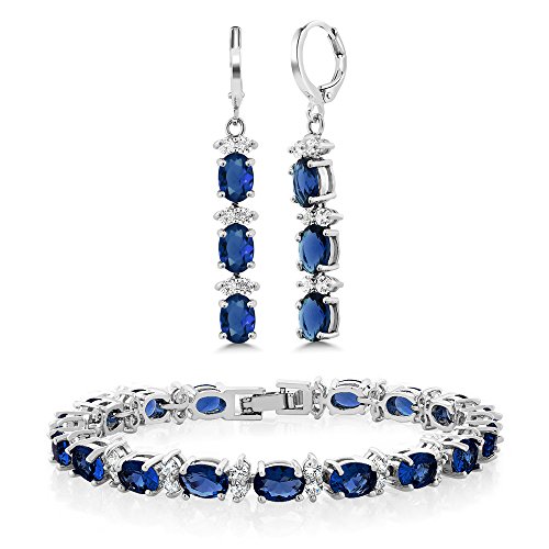 Gem Stone King 7 Inch Blue and White CZ Tennis Bracelet Set With Matching 2 Inch Oval Dangle Earrings For Women