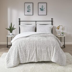 Madison Park Adelyn Ultra Soft Plush Faux Fur Chevron 3 Pieces Bedding Sets Bedroom Comforters, Full/Queen, Ivory