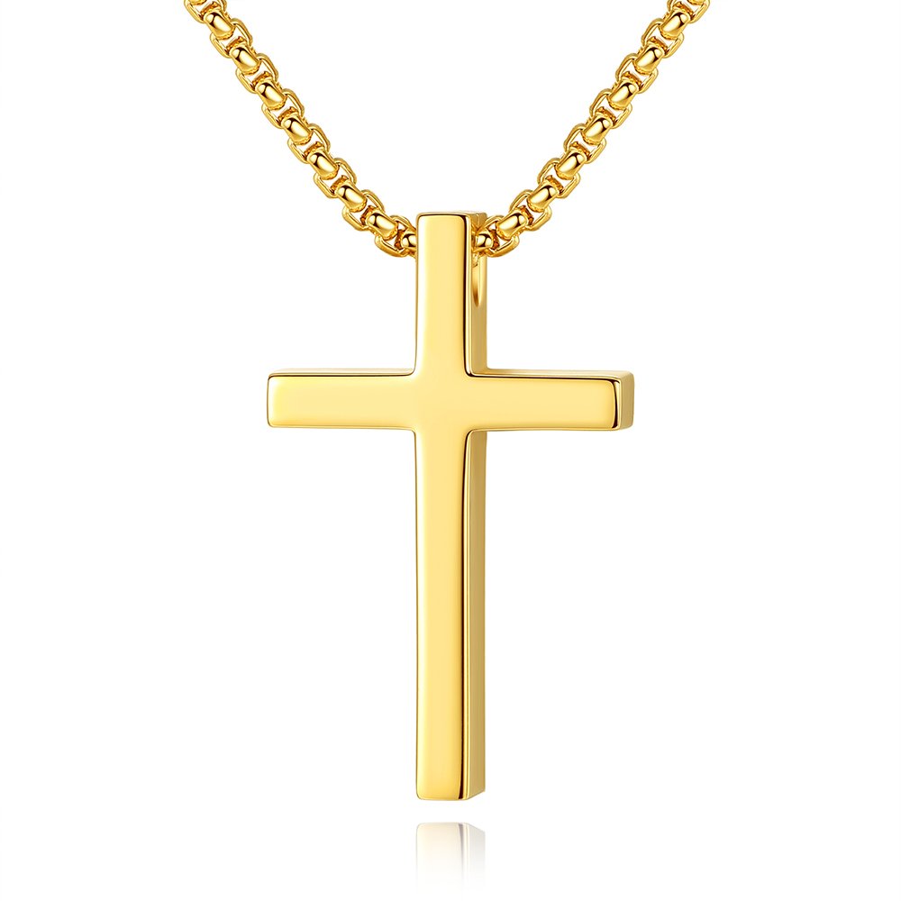 Reve Simple Stainless Steel Cross Pendant Chain Necklace for Men Women, 20-22 Inches Link Chain (Gold:1.2 * 0.7’’ Pendant+20’’ Rolo Chain)