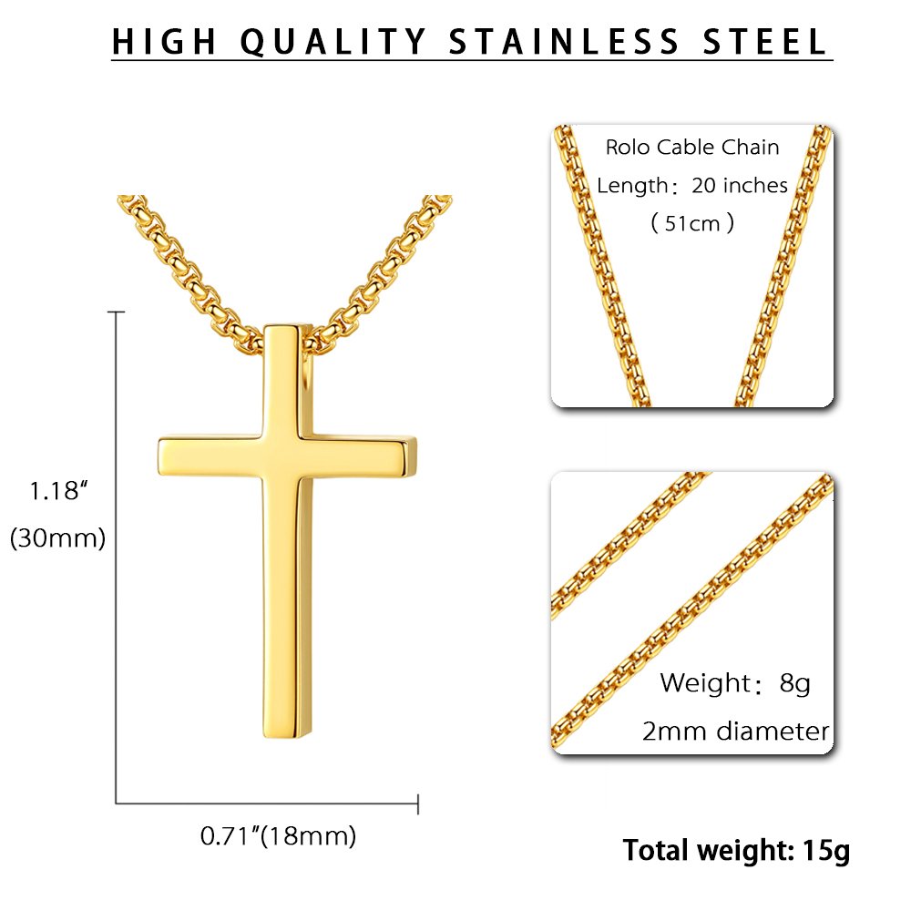 Reve Simple Stainless Steel Cross Pendant Chain Necklace for Men Women, 20-22 Inches Link Chain (Gold:1.2 * 0.7’’ Pendant+20’’ Rolo Chain)