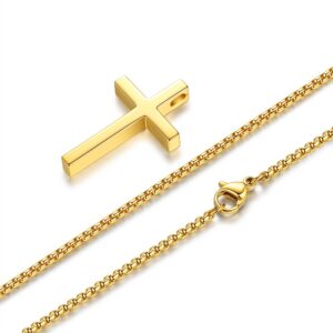 Reve Simple Stainless Steel Cross Pendant Chain Necklace for Men Women, 20-22 Inches Link Chain (Gold:1.2 * 0.7’’ Pendant+20’’ Rolo Chain)