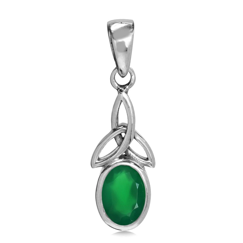 Silvershake Natural Emerald Green Agate White Gold Plated 925 Sterling Silver Triquetra Celtic Knot Pendant