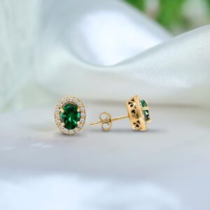 Yellow Gold Flashed Sterling Silver Simulated Emerald and Cubic Zirconia Accents Oval Halo Stud Earrings