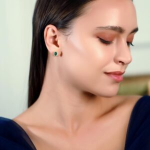 Yellow Gold Flashed Sterling Silver Simulated Emerald and Cubic Zirconia Accents Oval Halo Stud Earrings