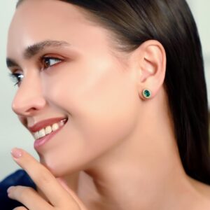 Yellow Gold Flashed Sterling Silver Simulated Emerald and Cubic Zirconia Accents Oval Halo Stud Earrings