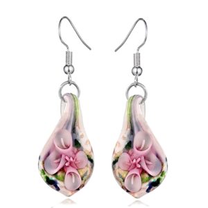 besheek handmade murano glass inspired unique flowers teardrop multicolor blue green confetti pink dangle drop earrings for women hypoallergenic earrings jewelry (teardrop)