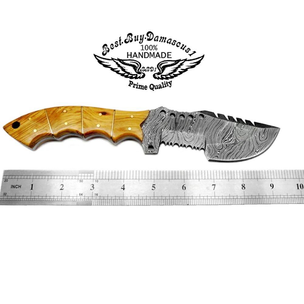 Best.Buy.Damascus1 Olive Wood 9.5'' Tracker Fixed Blade Handmade Damascus Steel Hunting Knife With Prime Quality