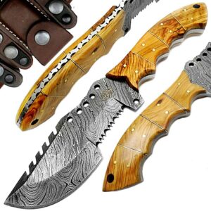 Best.Buy.Damascus1 Olive Wood 9.5'' Tracker Fixed Blade Handmade Damascus Steel Hunting Knife With Prime Quality