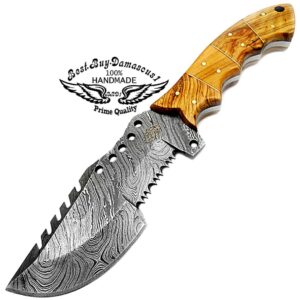 Best.Buy.Damascus1 Olive Wood 9.5'' Tracker Fixed Blade Handmade Damascus Steel Hunting Knife With Prime Quality