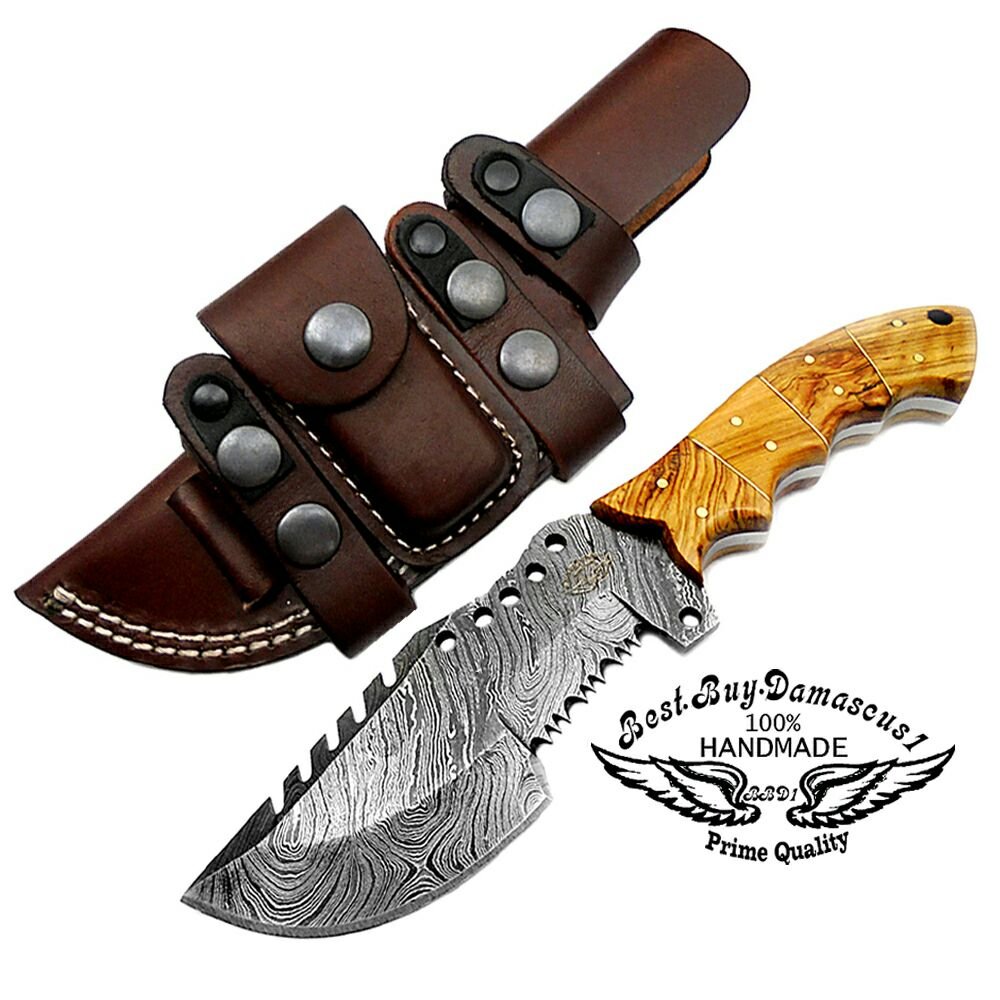 Best.Buy.Damascus1 Olive Wood 9.5'' Tracker Fixed Blade Handmade Damascus Steel Hunting Knife With Prime Quality