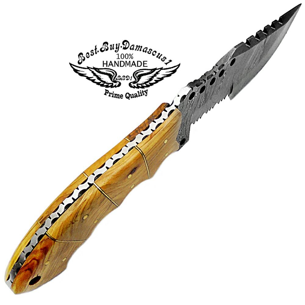 Best.Buy.Damascus1 Olive Wood 9.5'' Tracker Fixed Blade Handmade Damascus Steel Hunting Knife With Prime Quality