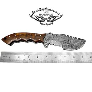 Best.Buy.Damascus1 Rose Wood 9.5'' Fixed Blade Custom Handmade Damascus Steel Tracker Hunting Knife Brass Pins Spacers Unique Beautiful File Work On Handel Come With Leather Sheath Prime Quality