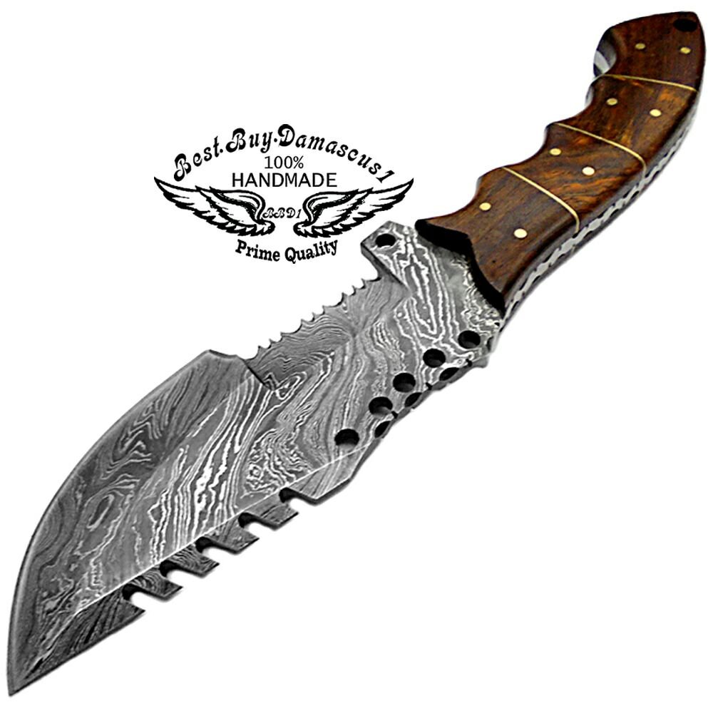 Best.Buy.Damascus1 Rose Wood 9.5'' Fixed Blade Custom Handmade Damascus Steel Tracker Hunting Knife Brass Pins Spacers Unique Beautiful File Work On Handel Come With Leather Sheath Prime Quality