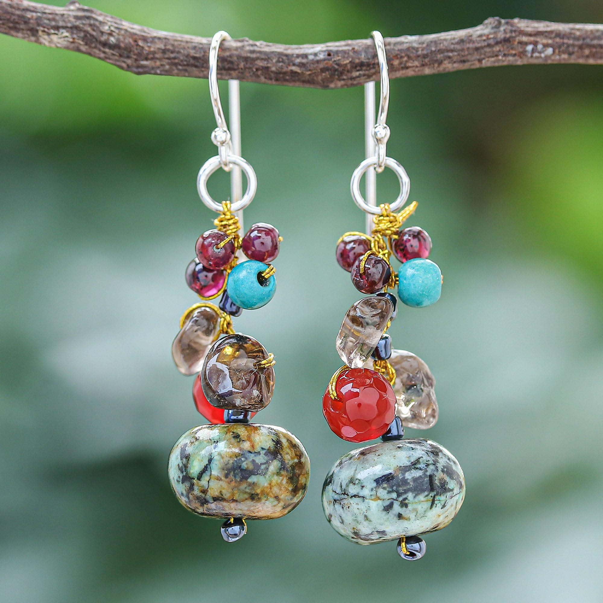 NOVICA Artisan Handmade Multigemstone Dangle Earrings Jasper from Thailand Sterling Silver Glass Bead Carnelian Calcite Garnet Multicolor Brown Beaded Cluster Birthstone Bohemian [1.7 in L x 0.5 in W]