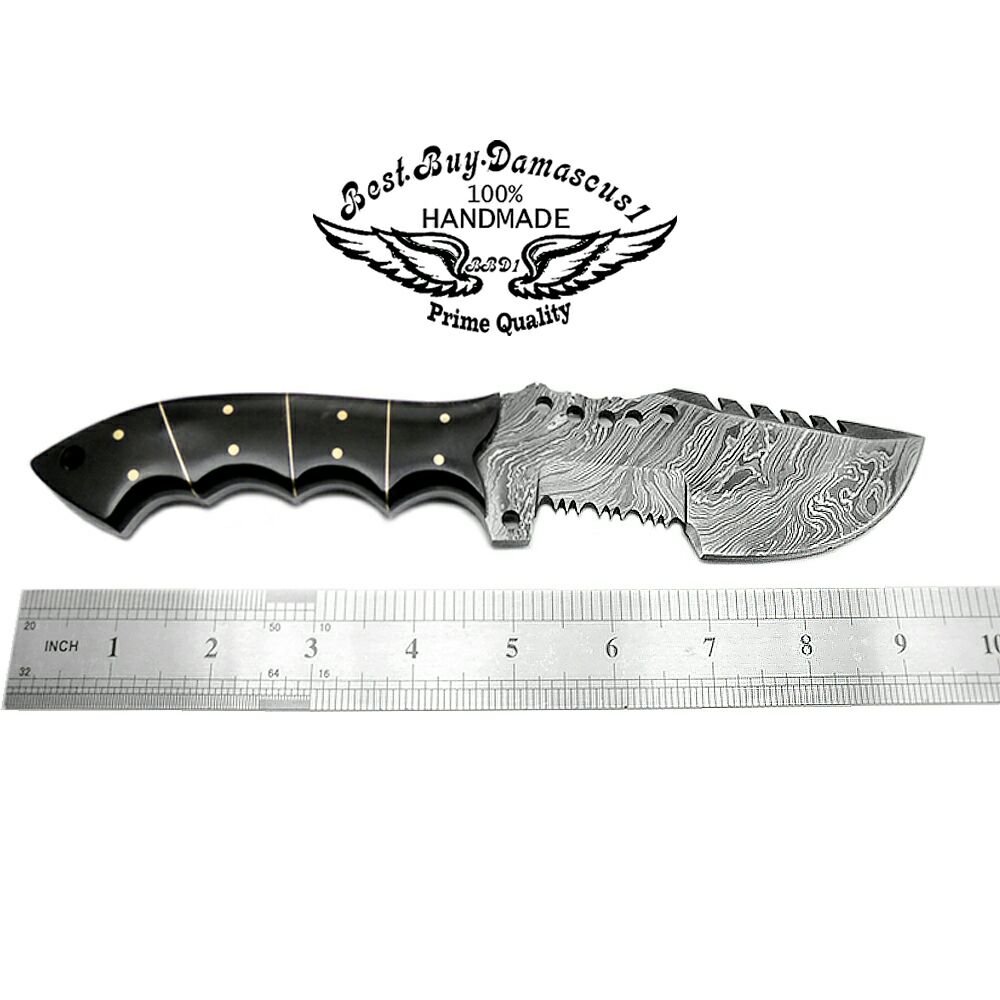 Best.Buy.Damascus1 Buffalo Horn 9.5'' Tracker Fixed Blade Hand Made Damascus Steel Hunting Knife Prime Quality