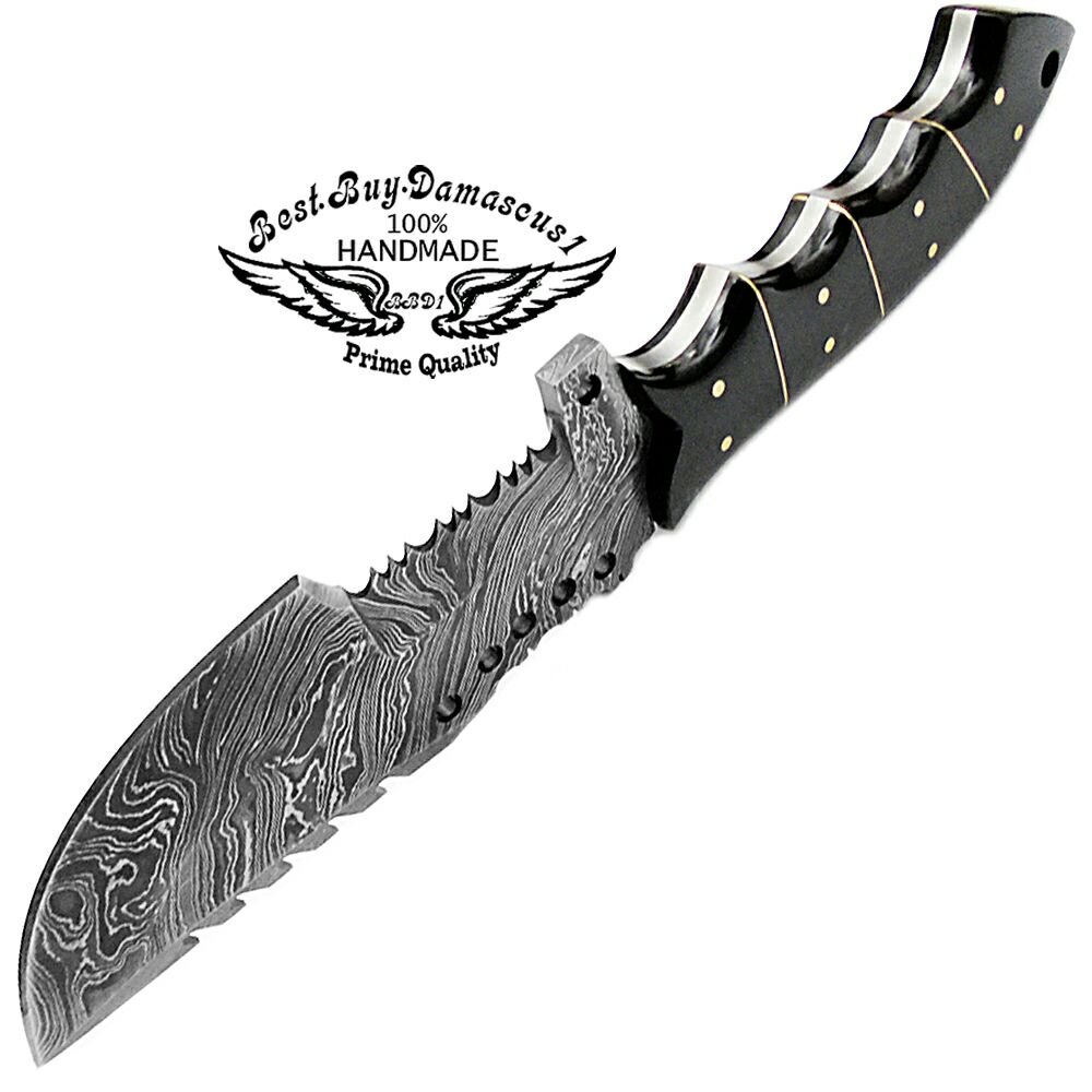 Best.Buy.Damascus1 Buffalo Horn 9.5'' Tracker Fixed Blade Hand Made Damascus Steel Hunting Knife Prime Quality