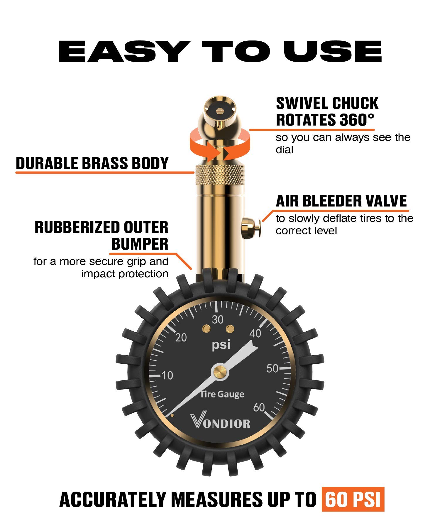 Tire Pressure Gauge - (0-60 PSI) Heavy Duty, Certified ANSI Accurate with Large 2 Inch Easy to Read Glow Dial, Low - High Air Pressure Gauge. Tire Gauge for Car and Trucks Tires by Vondior