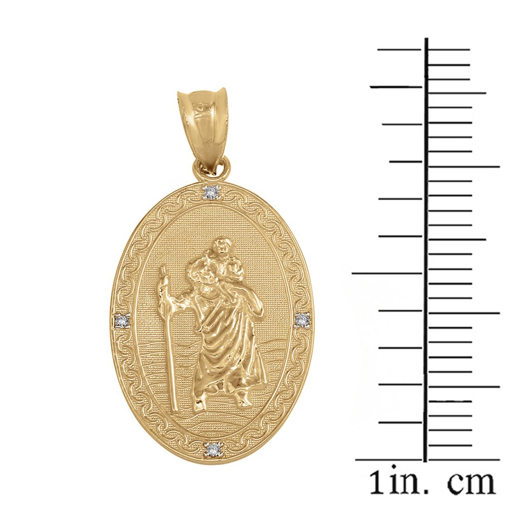 Solid 14k Gold Saint Christopher Diamond Oval Medal Catholic Protection Pendant (1")